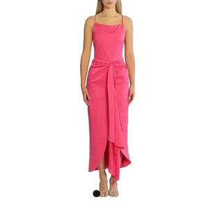 Elle Zeitoune Women's Pink Punch Poly Gathered Waist Midi Patrice Draped Satin L